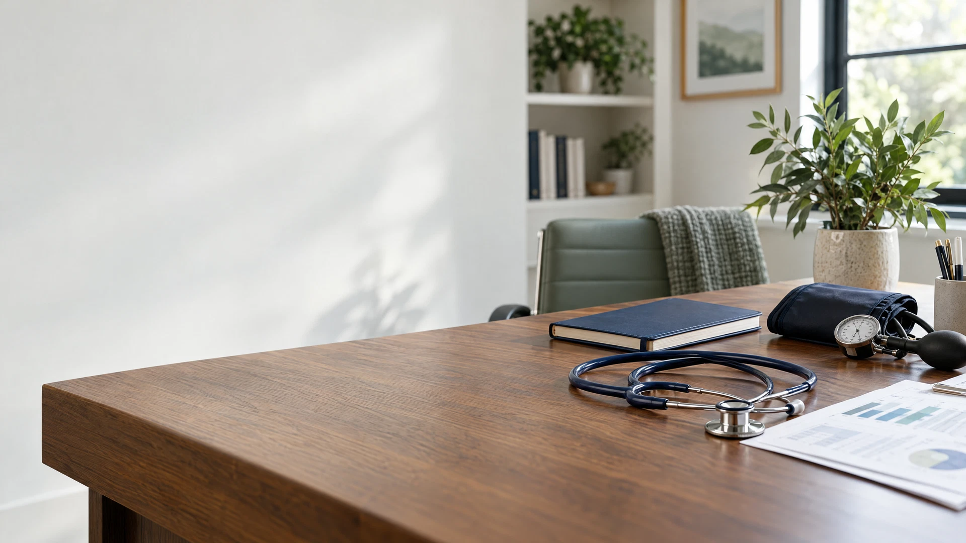 Calm internal medicine consultation setting with a stethoscope and medical notes